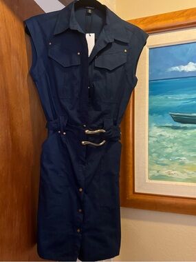 Karen Millen Dk Navy SS Shirt Midi Dress Organic Cotton US2, UK6,EUR FRA 34